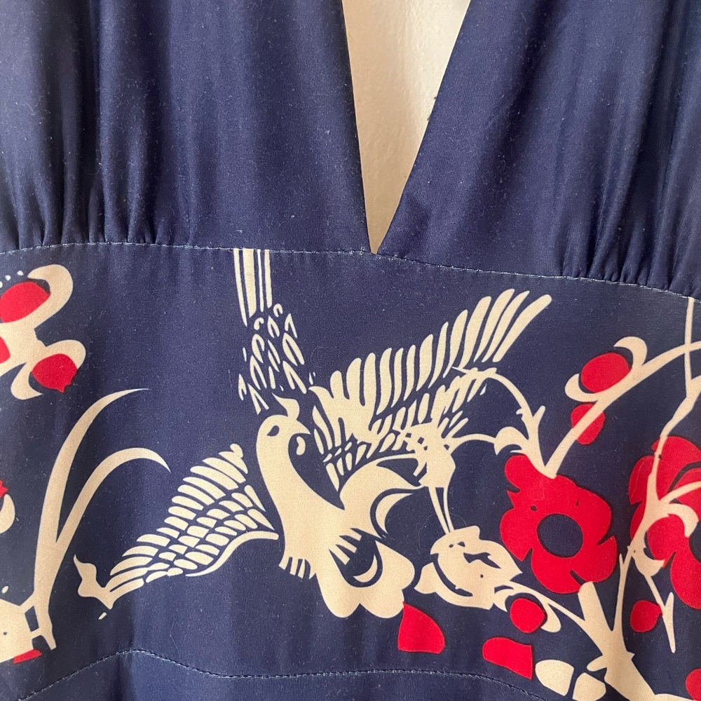 Navy Halter Dress with Bird and Floral Design